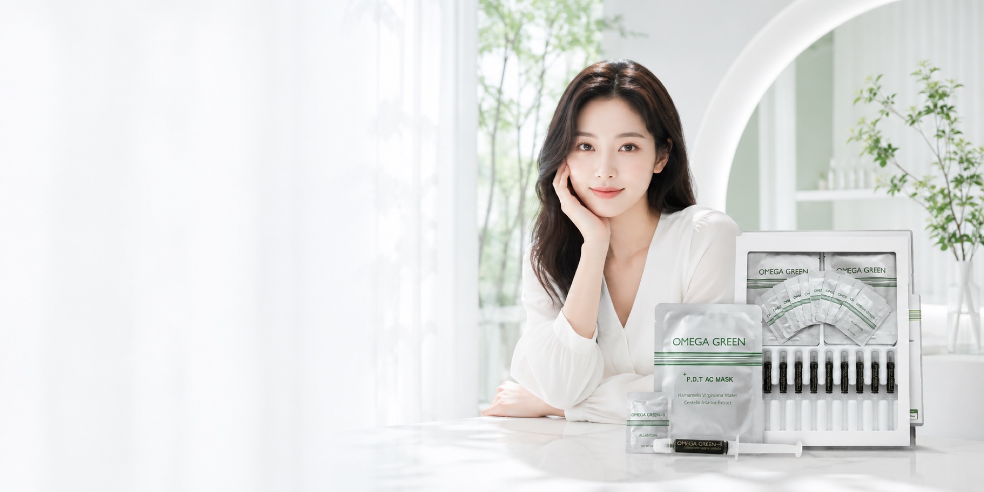 施術用コスメ OMEGA GREEN（PDT AC マスク・アンプル）と韓国美容サロンのイメージ